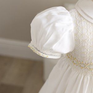 Feltman Brothers Baby Girls Ivory Vintage Romper - Smocked in Blue - Lace Trim